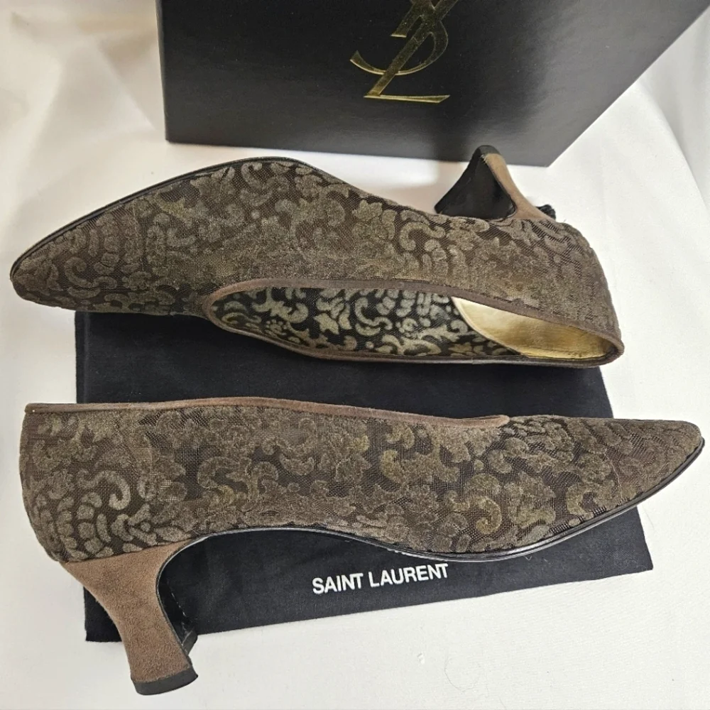 Saint Laurent Almond Toe Kitten Heels In Brown Suede And Velvet Mesh Size 9 - Picture 5 of 12